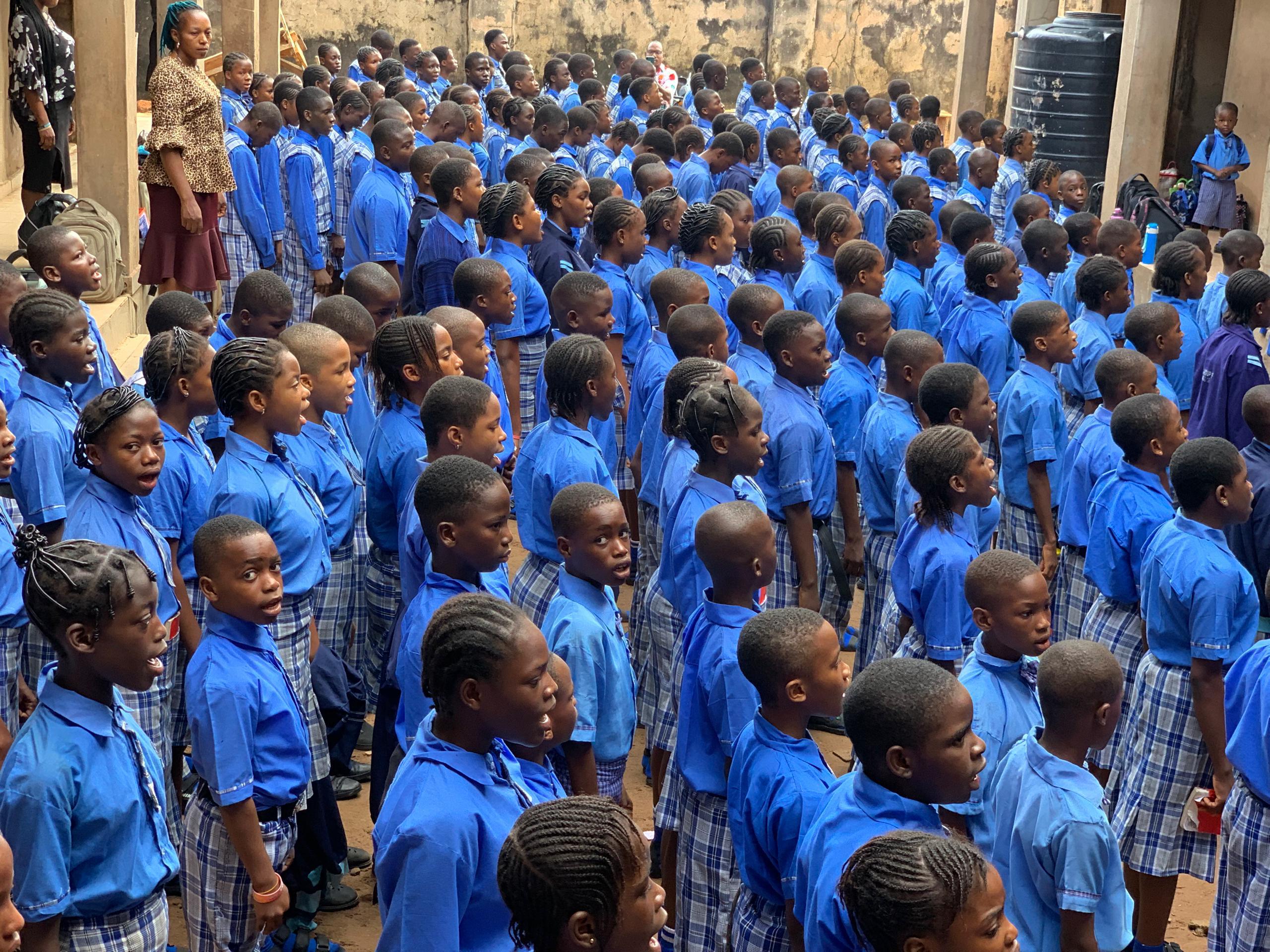 Students in formation during morning assembly