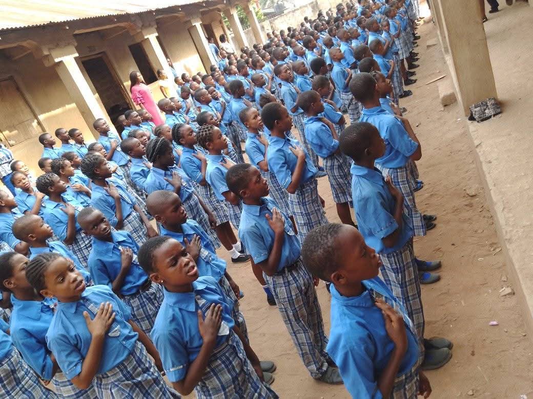 Students in formation during morning assembly